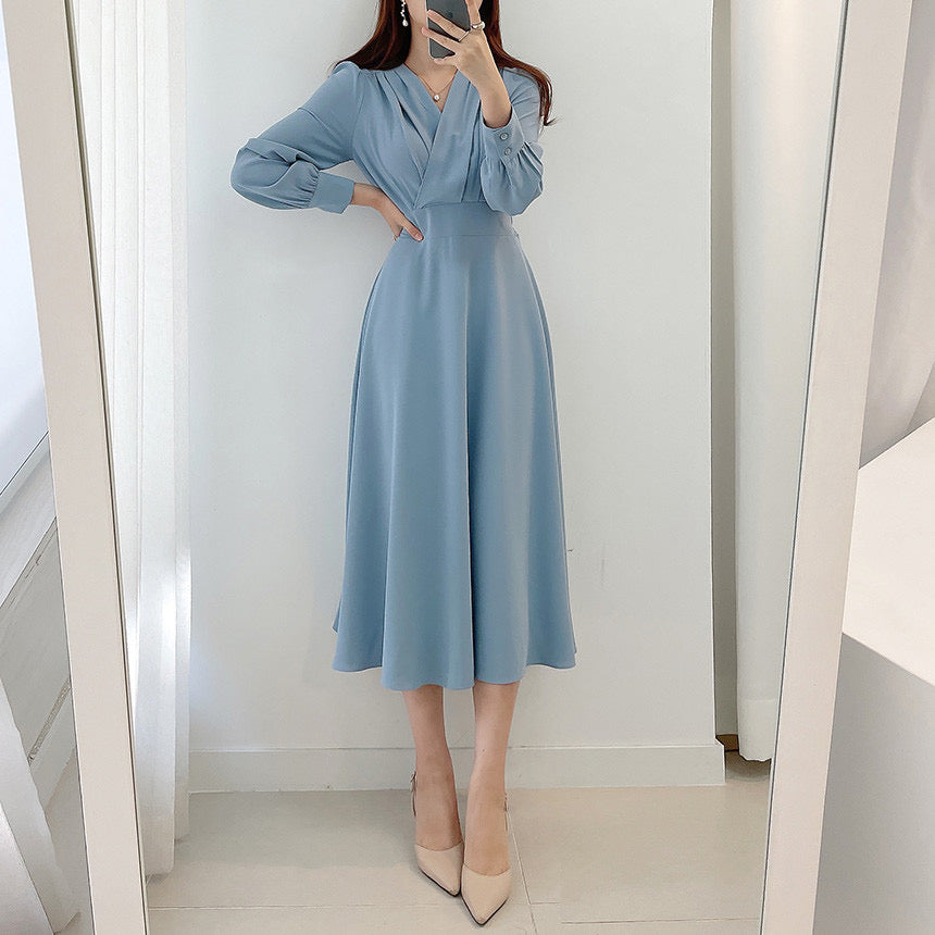 Elegant Light And Familiar V-neck Waist Puff Sleeve Dress